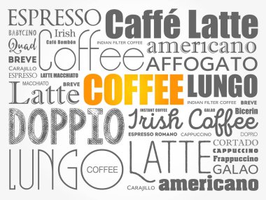 Kahve içecekler kelime bulut kolaj listesi