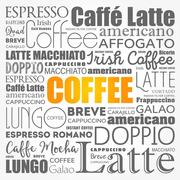 Lijst van koffie drinks woorden Cloud collage — Stockvector