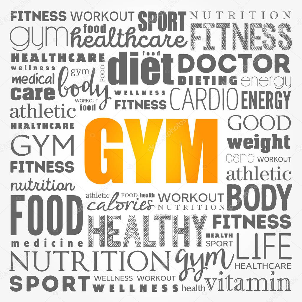 GYM word cloud collage background