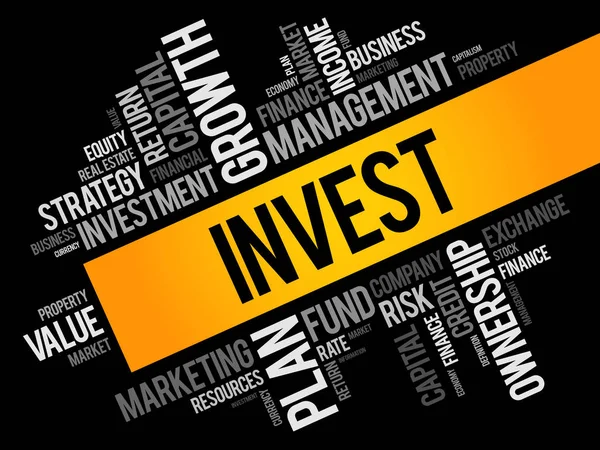 Invest szó felhő kollázs — Stock Vector