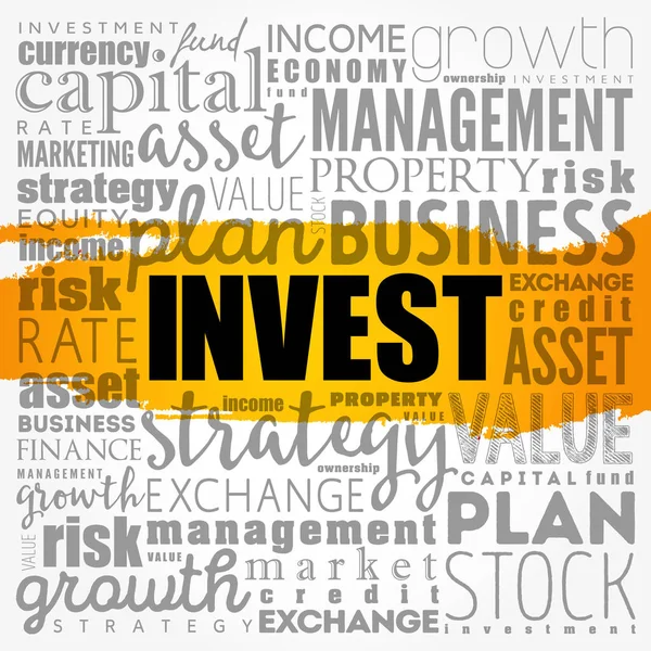 Invest szó felhő kollázs — Stock Vector