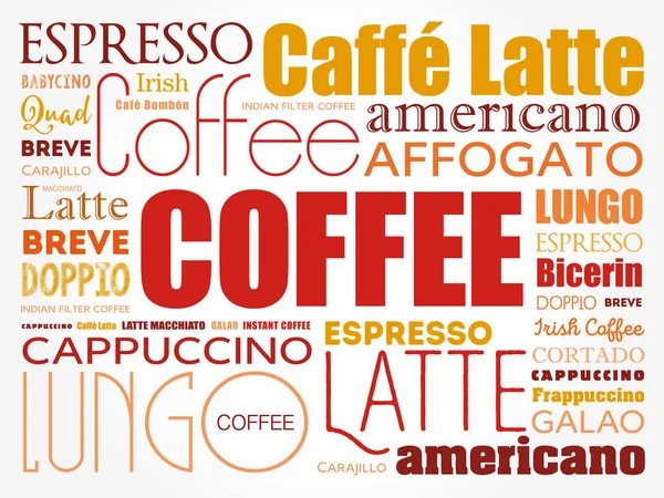 Lista de bebidas de café palabras nube collage — Vector de stock