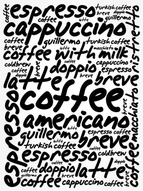 Kahve içecekler kelime bulut kolaj listesi
