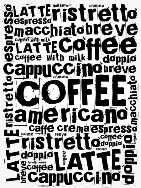 커피 음료 단어 구름 콜라주 목록 — 스톡 벡터