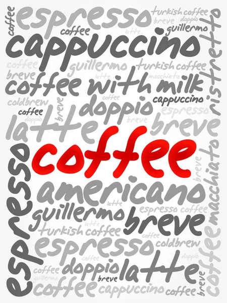 Elenco delle bevande di caffè parole cloud collage — Vettoriale Stock
