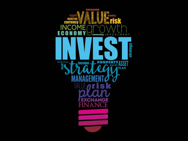 Investiční shluk slov ve světelné žárovce — Stockový vektor