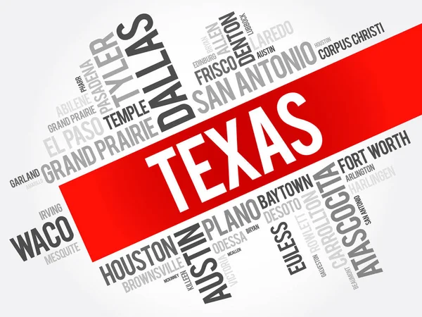 Lista över städer i Texas Usa staten word cloud — Stock vektor