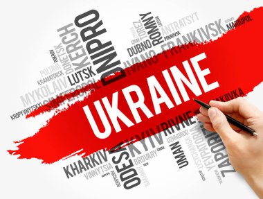 Ukrayna kelime kolajı, iş ve seyahat konsepti geçmişindeki şehirlerin listesi