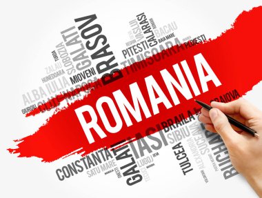 Romanya 'daki şehirlerin listesi kelime kolajı, iş ve seyahat kavramı geçmişi