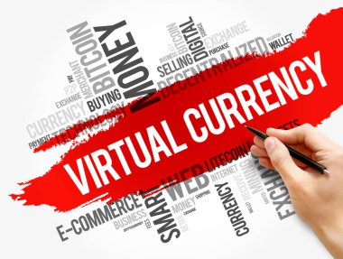 Sanal para birimi kelime bulut kolajı, iş konsepti geçmişi