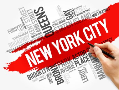 New York sokaklarının listesi, kelime bulut kolajı, iş ve seyahat konsepti geçmişi