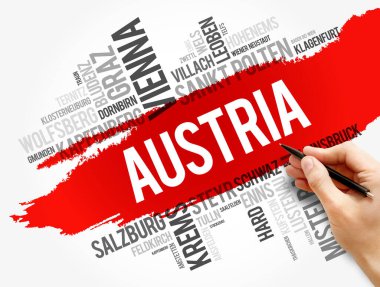 AUSTRIA 'daki şehirlerin ve şehirlerin listesi, kelime bulut kolajı, iş ve seyahat kavramı geçmişi