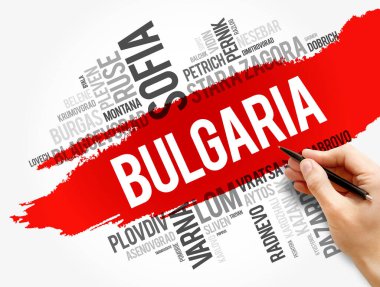 Bulgaristan 'daki şehir ve kasabaların listesi, kelime bulut kolajı, iş ve seyahat kavramı geçmişi
