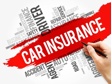 Araba sigortası kelimesi bulut kolajı, iş konsepti geçmişi