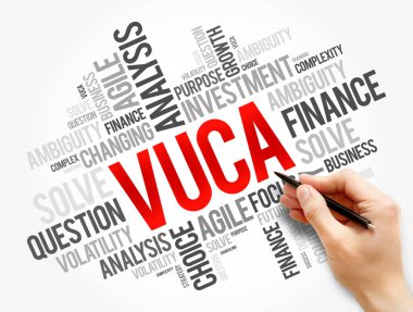 VUCA - Değişkenlik, Belirsizlik, Karmaşıklık, Belirsizlik kısaltma kelime bulut, iş konsepti