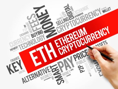ETH veya Ethereum kripto para birimi kelime bulut kolajı, iş konsepti arka plan