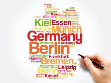 GERMANY 'deki şehirlerin ve şehirlerin listesi, harita kelime bulut kolajı, iş ve seyahat kavramı geçmişi