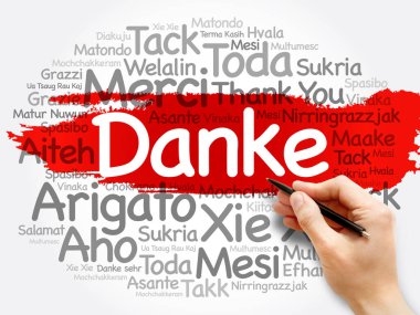 Danke (Almanca Teşekkür) Kelime Bulutu arkaplanı, tüm diller, eğitim için çok dilli ya da şükran günü