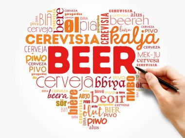 BEER dünyanın farklı dillerinde sevgi kalp (İngilizce, Fransızca, Almanca, vb), Word Cloud kolajı, çok dilli arka plan