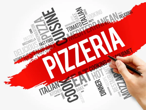 Pizzaria Palavra Nuvem Colagem Fundo Conceito Comida — Fotografia de Stock