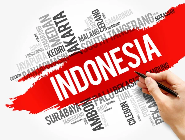 Lista Miast Miasteczek Indonezji Kolaż Chmurze Słów Kontekst Koncepcji Biznesu — Zdjęcie stockowe