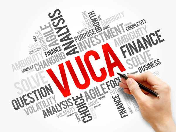 VUCA - Волатильность, неопределенность, сложность, аббревиатура "облако", концептуальный фон
