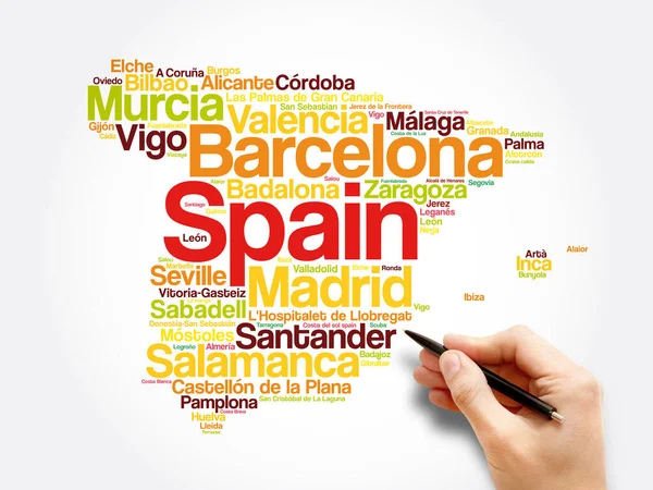 Lista Cidades Vilas Espanha Mapa Word Cloud Collage Business Travel — Fotografia de Stock