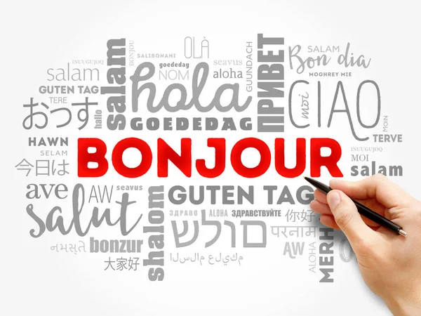Bonjour Bonjour Salut Français Nuage Mots Dans Différentes Langues Monde — Photo