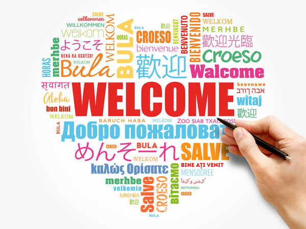 WELCOME love heart word cloud in different languages, conceptual background