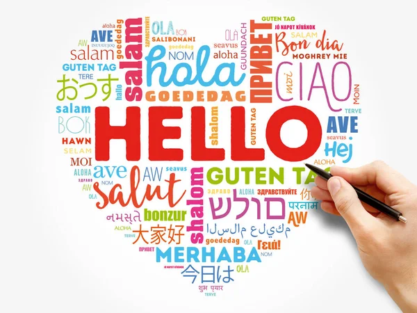 Hello Heart Word Cloud Different Languages World Background Concept — Stock Photo, Image