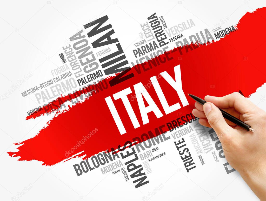 List of cities in Italy, word cloud collage, travel concept background