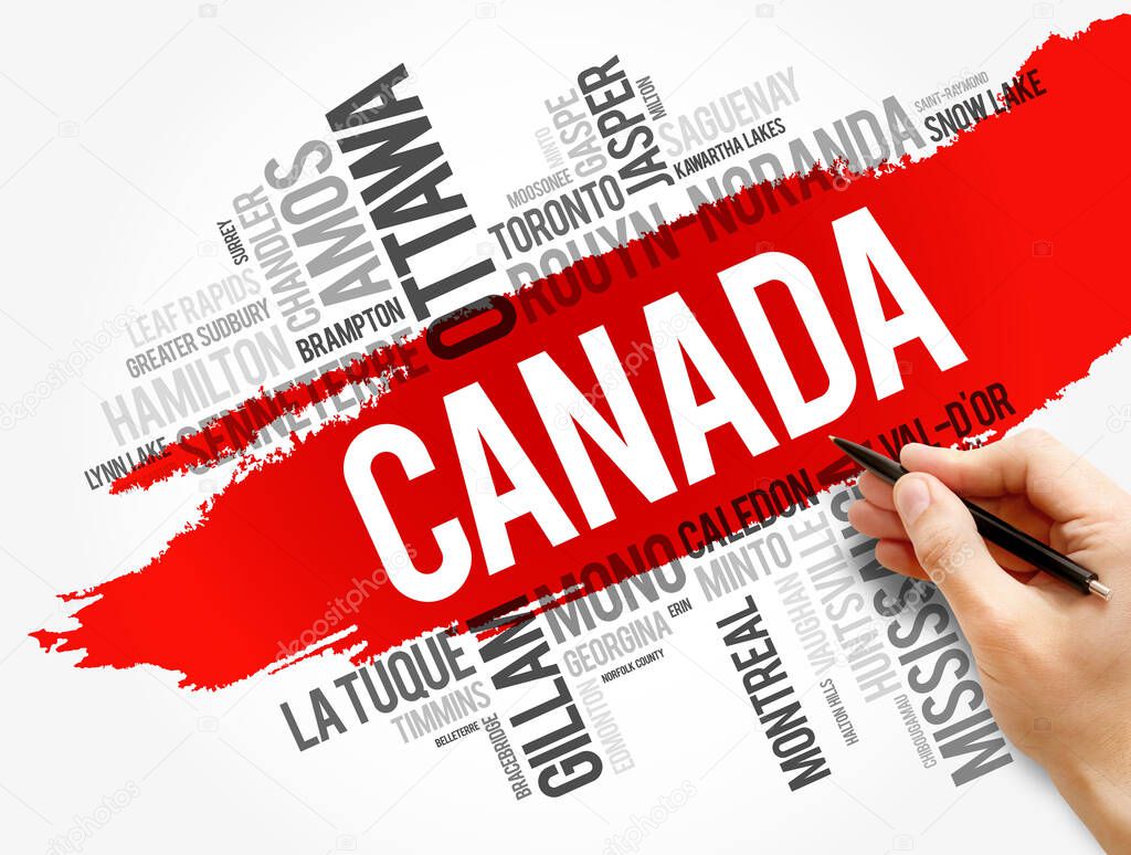 List of cities and towns in Canada, word cloud collage, business and travel concept background