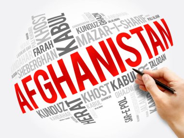 Afganistan 'daki şehirlerin ve şehirlerin listesi, kelime bulut kolajı, iş ve seyahat kavramı geçmişi