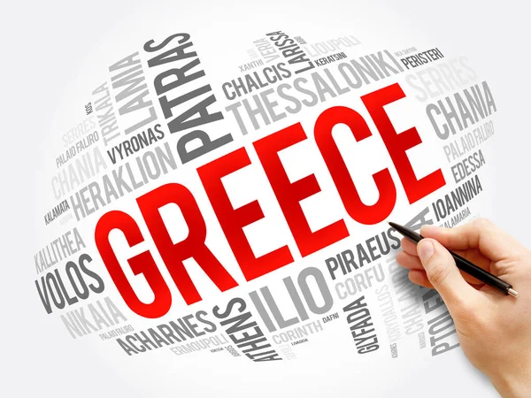 Lista Cidades Grécia Colagem Nuvem Palavras Fundo Conceito Negócios Viagens — Fotografia de Stock