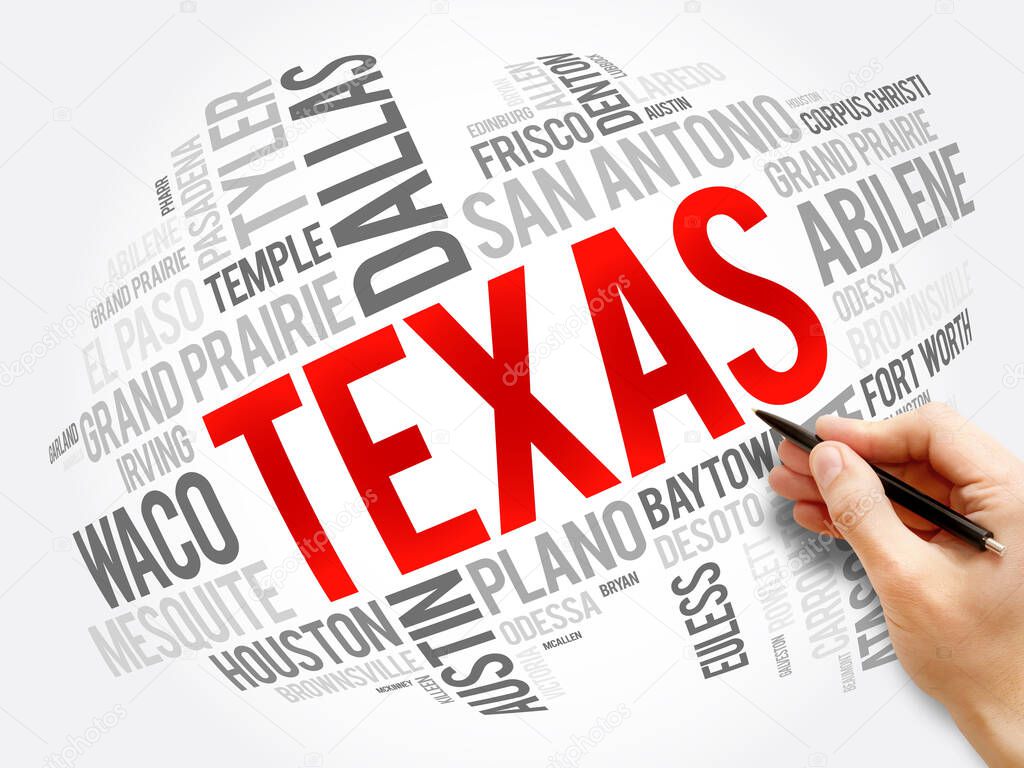 List of cities in Texas USA state word cloud, concept background