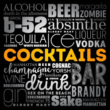 Farklı kokteyller ve malzemeler, kelime bulut kolajı, tasarım konsepti arka plan