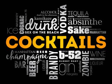 Farklı kokteyller ve malzemeler, kelime bulut kolajı, tasarım konsepti arka plan