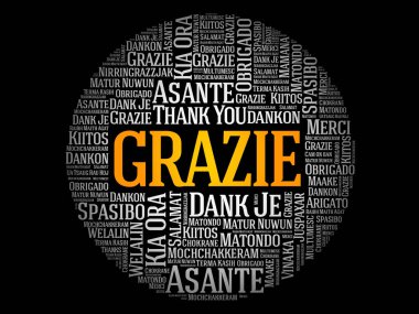 Grazie (İtalyanca Teşekkür) kelime bulut arkaplanı farklı dillerde
