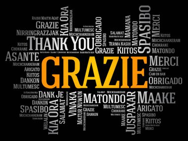 Grazie (İtalyanca Teşekkür) kelime bulut arkaplanı farklı dillerde
