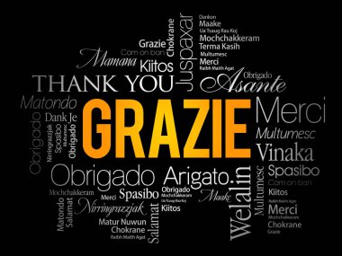 Grazie (İtalyanca Teşekkür) kelime bulut arkaplanı farklı dillerde