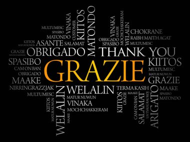 Grazie (İtalyanca Teşekkür) kelime bulut arkaplanı farklı dillerde