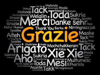 Grazie (İtalyanca Teşekkür) kelime bulut arkaplanı farklı dillerde
