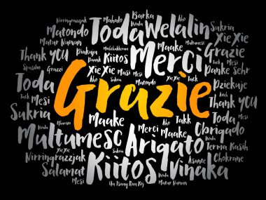 Grazie (İtalyanca Teşekkür) kelime bulut arkaplanı farklı dillerde