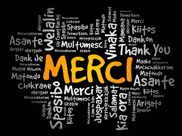 Merci Grazie Francese Word Cloud Diverse Lingue — Vettoriale Stock