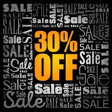 % 30 indirimli kelime bulut kolajı, iş konsepti geçmişi