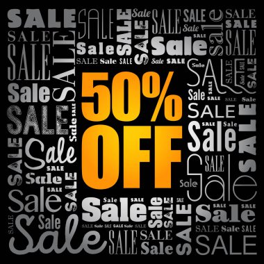 % 50 indirimli kelime indirimi bulut kolajı, iş konsepti geçmişi