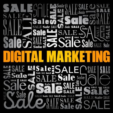 Dijital pazarlama kelimesi bulut kolajı, iş konsepti geçmişi