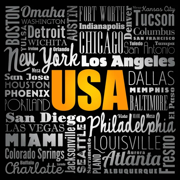 Usa Cities Names Words Cloud Collage Concept Background — Stock Vector