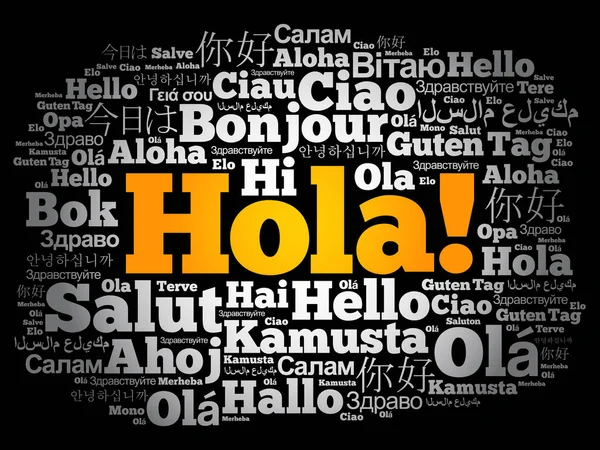 Hola Hello Pozdrowienia Języku Hiszpańskim Słowo Chmura Różnych Językach Świata — Wektor stockowy