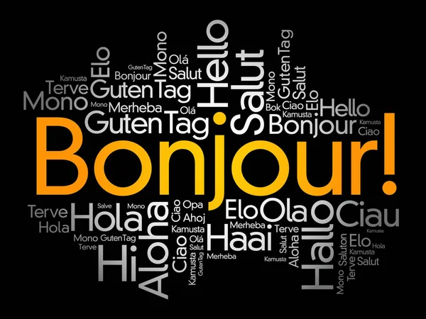 ボンジュール こんにちは フランス語で挨拶 世界のさまざまな言語でワードクラウド 背景概念 — ストックベクタ